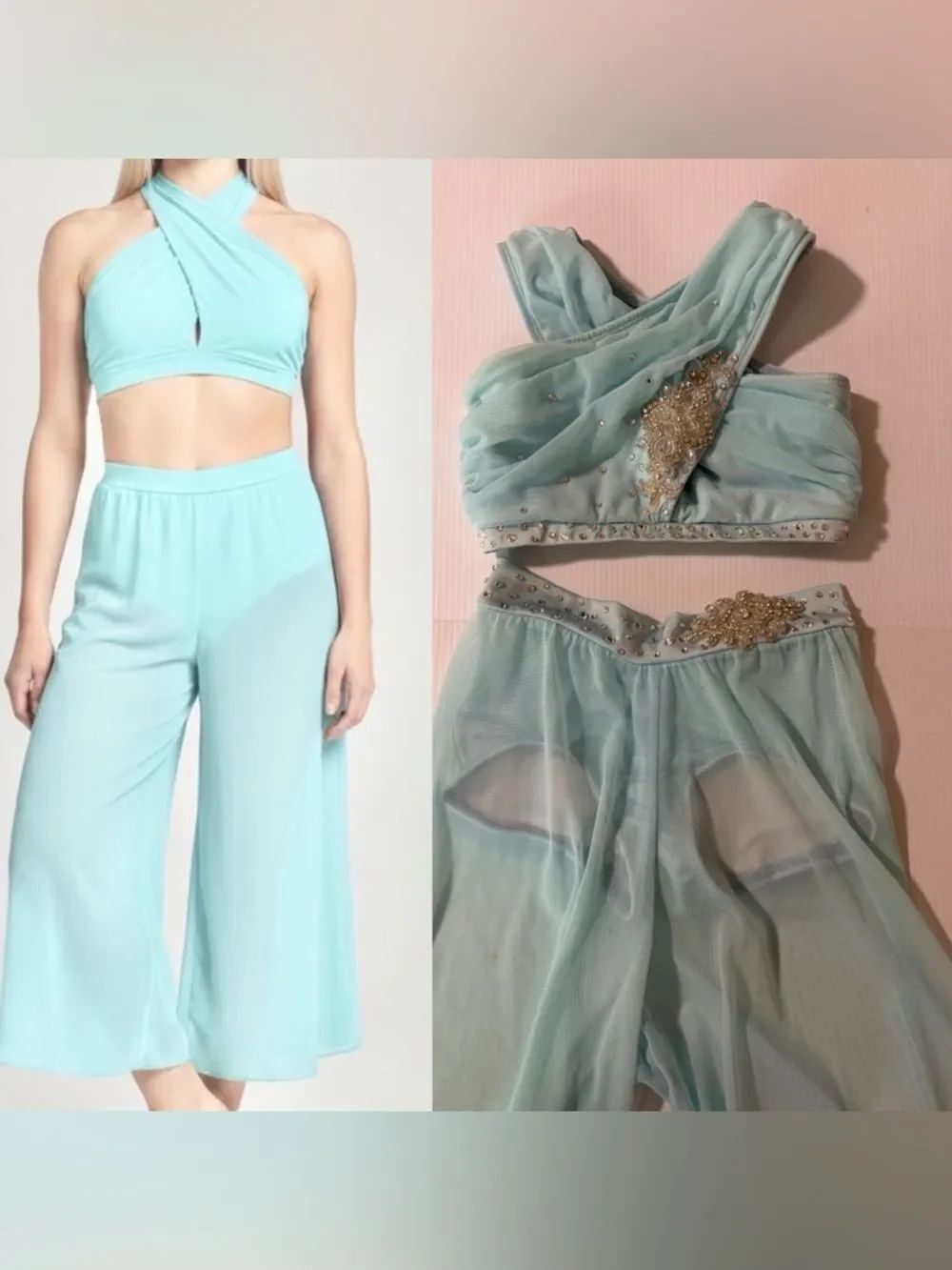 The Line up solo dance costume 2 piece blue wide leg illusion XXS adult